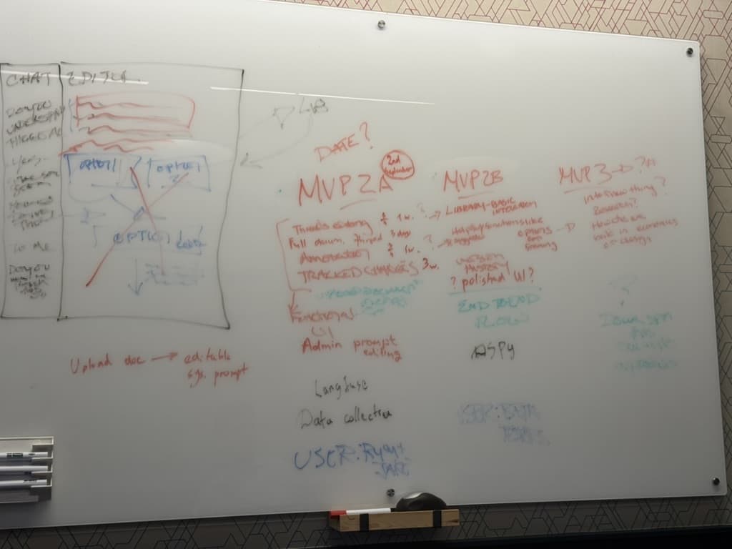 Whiteboard sketches mapping out SecondDraft features and MVP planning
